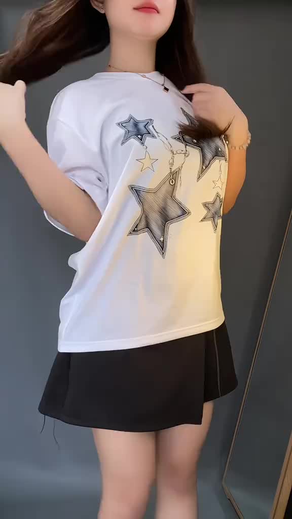 YIYOYI  Y383 Hitam Washed Star Pattern Oversize Pria Model Regular Unisex Lengan Baju Pendek Kaos Combed Katun Murni Wanita Top Crew Neck Tshirt Atasan