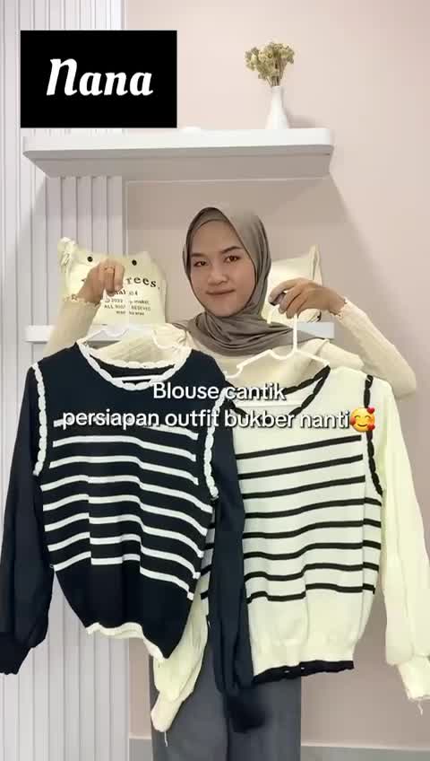 ATASAN KNIT WANITA LENGAN PANJANG LENGAN BALON SWEATER GARIS