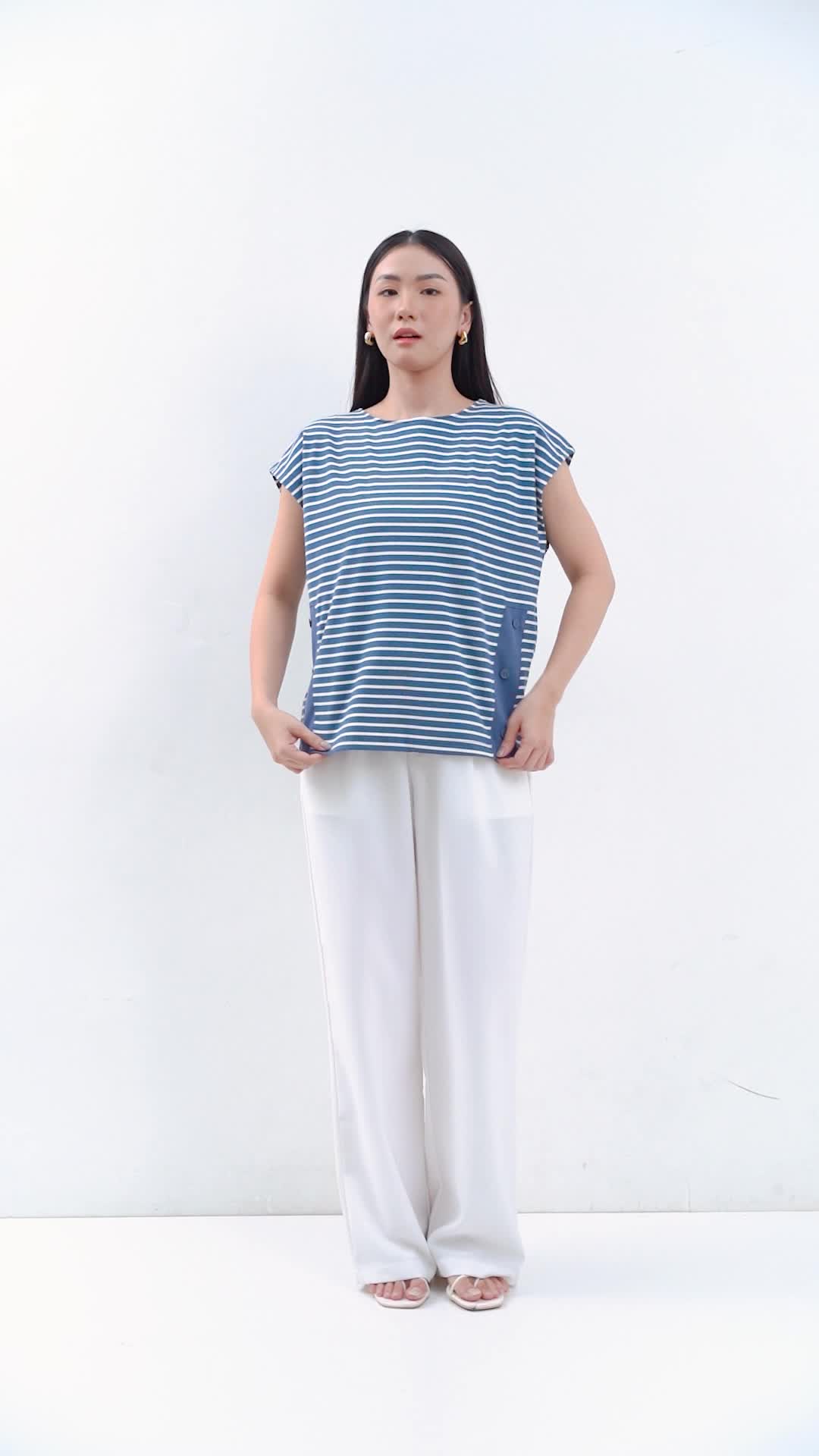 QUEENTIN Blouse Wanita Batwing 0998 Katun Spandex Motif Salur Lengan Pendek