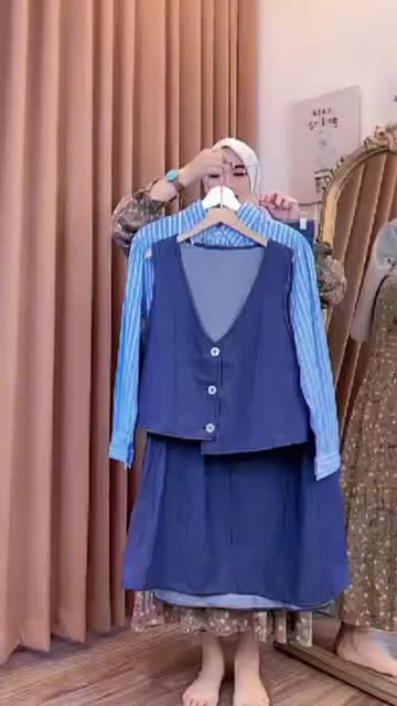3 in oneset zerin lengan panjang rok belakang karet denim Katun Nyaman Salur Wanita Tangan Setelan Linen Jeans Celana Jeans Celana Dewasa Pendek