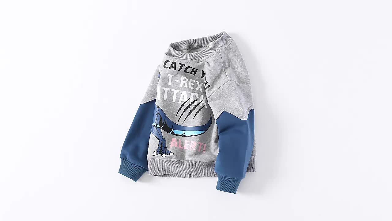 Baju Sweater Fashion Anak Laki-Laki Lengan Panjang Gambar Dinosaurus Warna Abu-Abu