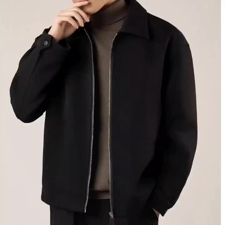 Jaket Vintage Casual Pria Hitam Polos Zipper Formal Parka  Tebal retro Kerah