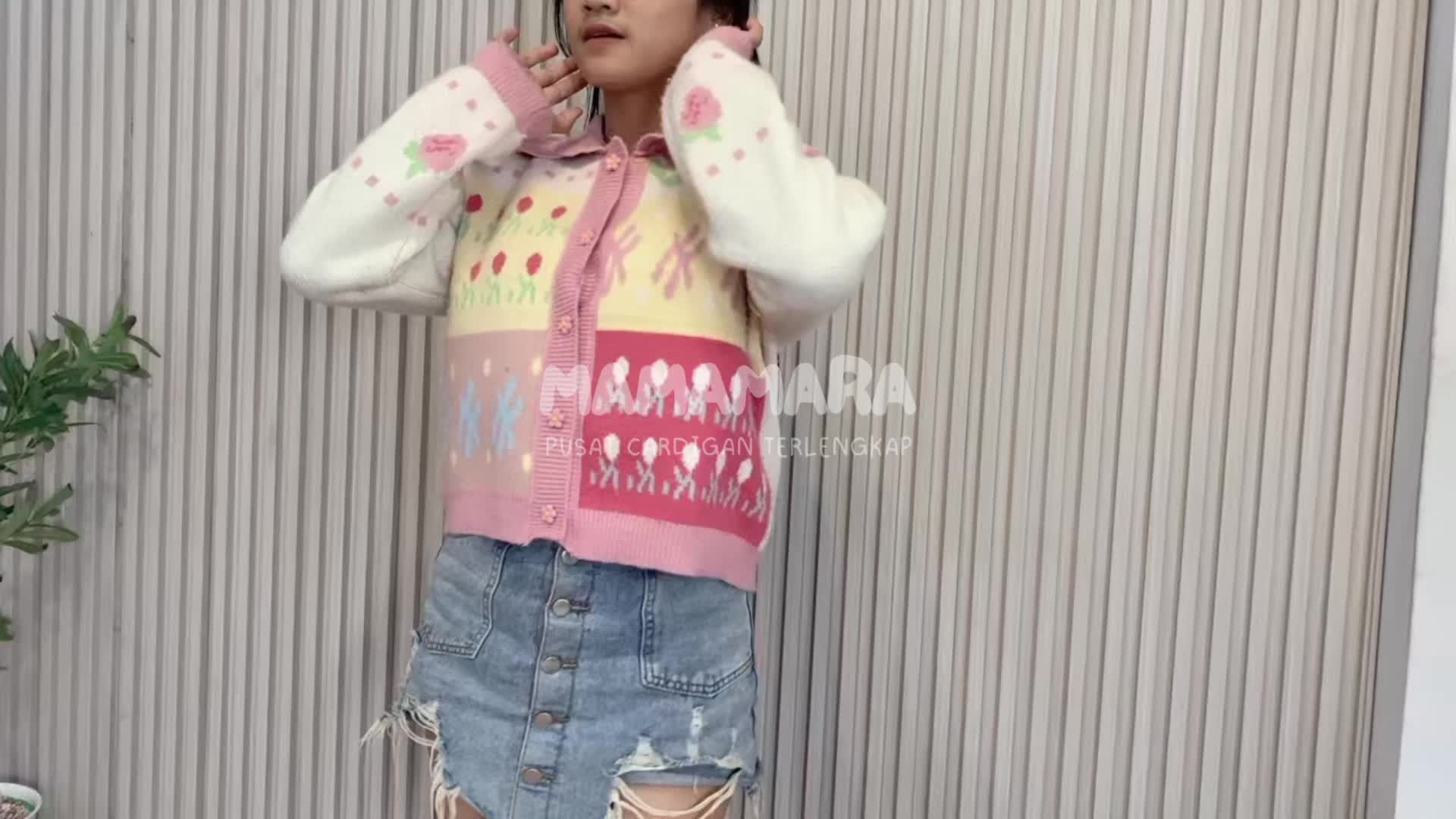 MAMAMARA - Cardigan Oversize Flower Stoberi Wanita Atasan Rajut Knitwear Outer Panjang Kardigan Motif Kancing Top Baju Crop Bunga