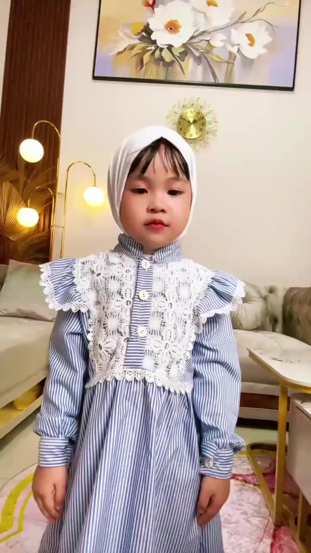 Mahera Long Dress Salur Anak Perempuan Mix Brukat Fashion Edisi Raya Lebaran 2025 - Katun Lembut & Renda Menarik