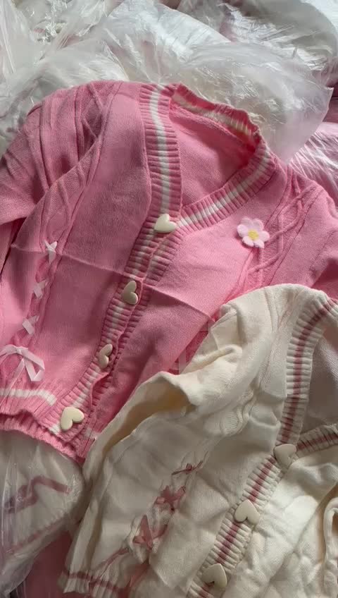 Markas Fashion99 Atasan Rajut Wanita Model Pita 304 Love Vneck Oversize Tebal Casual - Knitwear Baju Panjang Sweater  Lembut Pink Nyaman Basic  Kancing cardigan A402