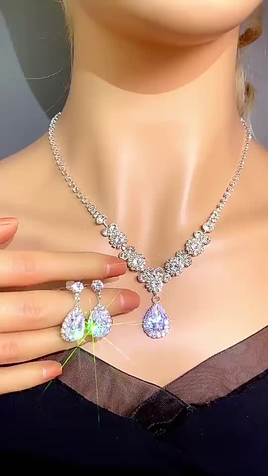 YADORNOS Set Kalung Wanita & Anting Drop Zirkon Berkualitas Tinggi Paduan Kristal Penuh Berkilau Cocok untuk Pengiriman Hari Ini