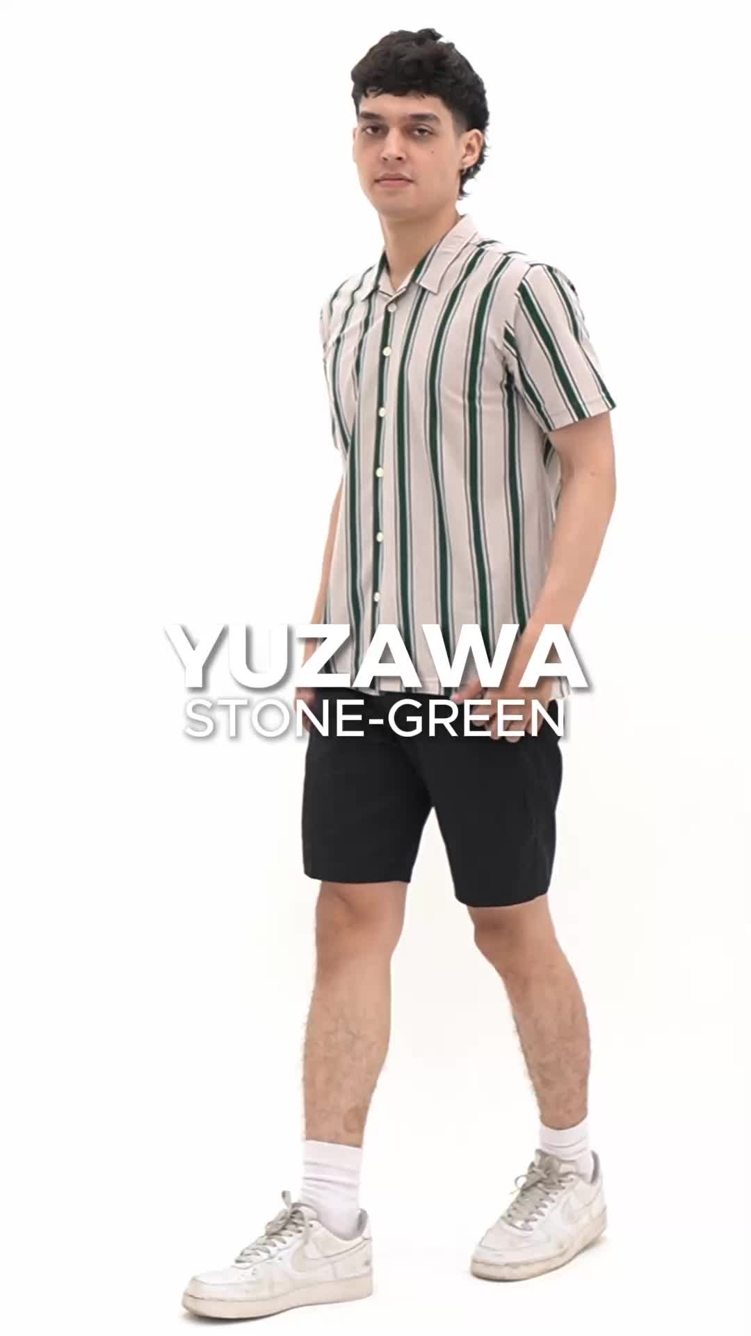 Matsuda Kemeja Pria Stripe Lengan pendek Kasual Yuzawa Stone Green