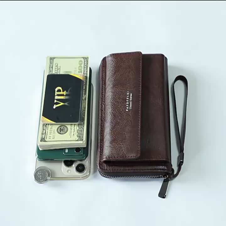 HOLO Dompet Pria Panjang Dompet hp dan uang Kulit Gaya Retro Kapasitas Tinggi Dompet Lipat Hitam