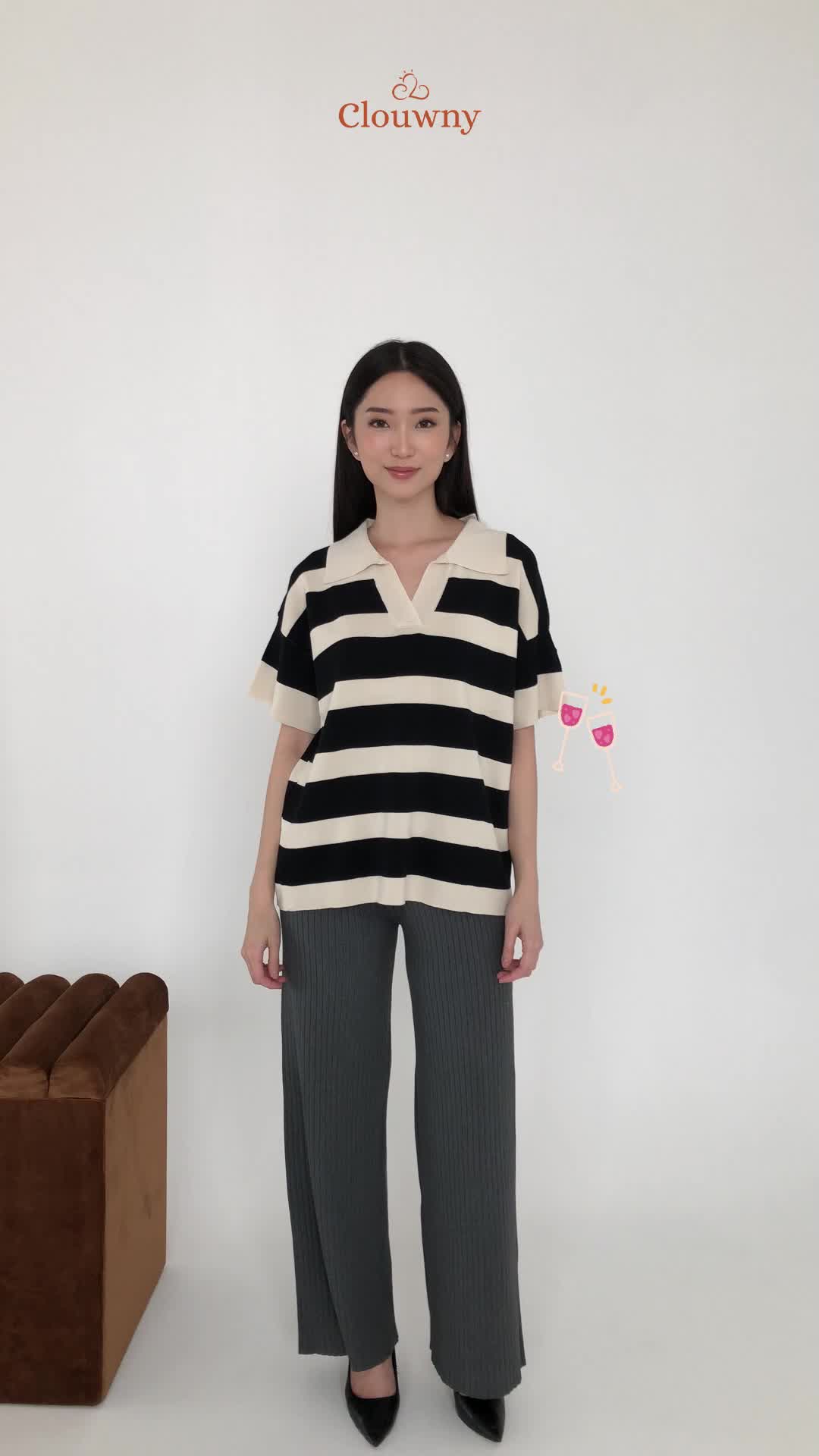 Clouwny Minji Stripes Top  Top Lengan Pendek Atasan Rajut Wanita Halus Nyaman Santai Korean Top Panjang Cream Knitwear Crop Cardigan Baju Sweater april top knit