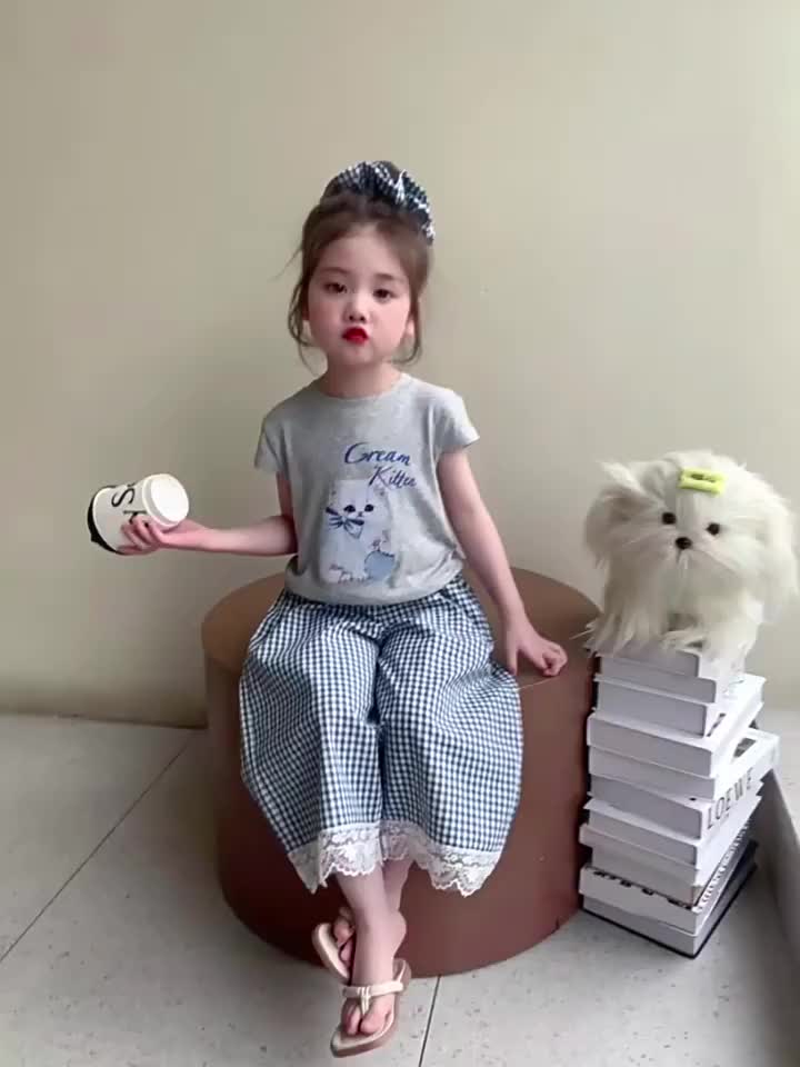 Style Terbaru Setelan Manis Anak Perempuan One Set Atasan Design Khusus+ Celana Kulot  Pakai Lace Baju Anak Perempuan OOTD Anak Perempuan