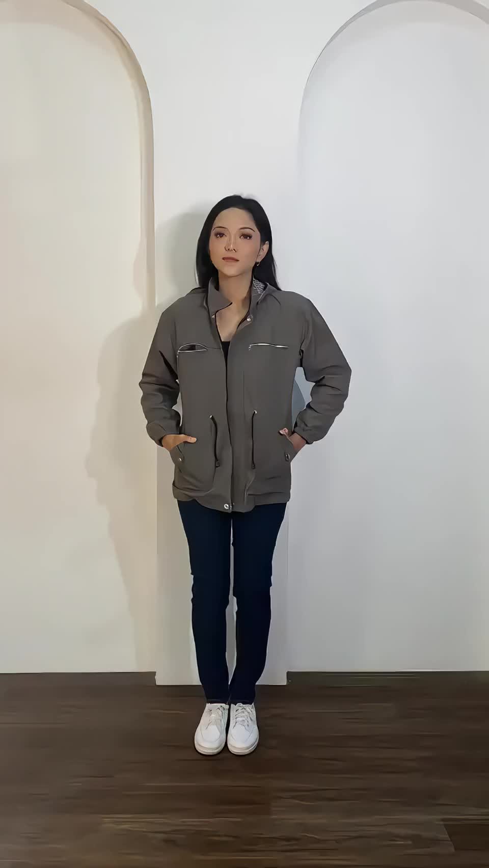 Jaket Parka Wanita Outdoor Polos Lengan Panjang Bahan Canvas Kantong Tebal Warna Abu-Abu Size M - 4XL Musim Dingin Karet Hitam