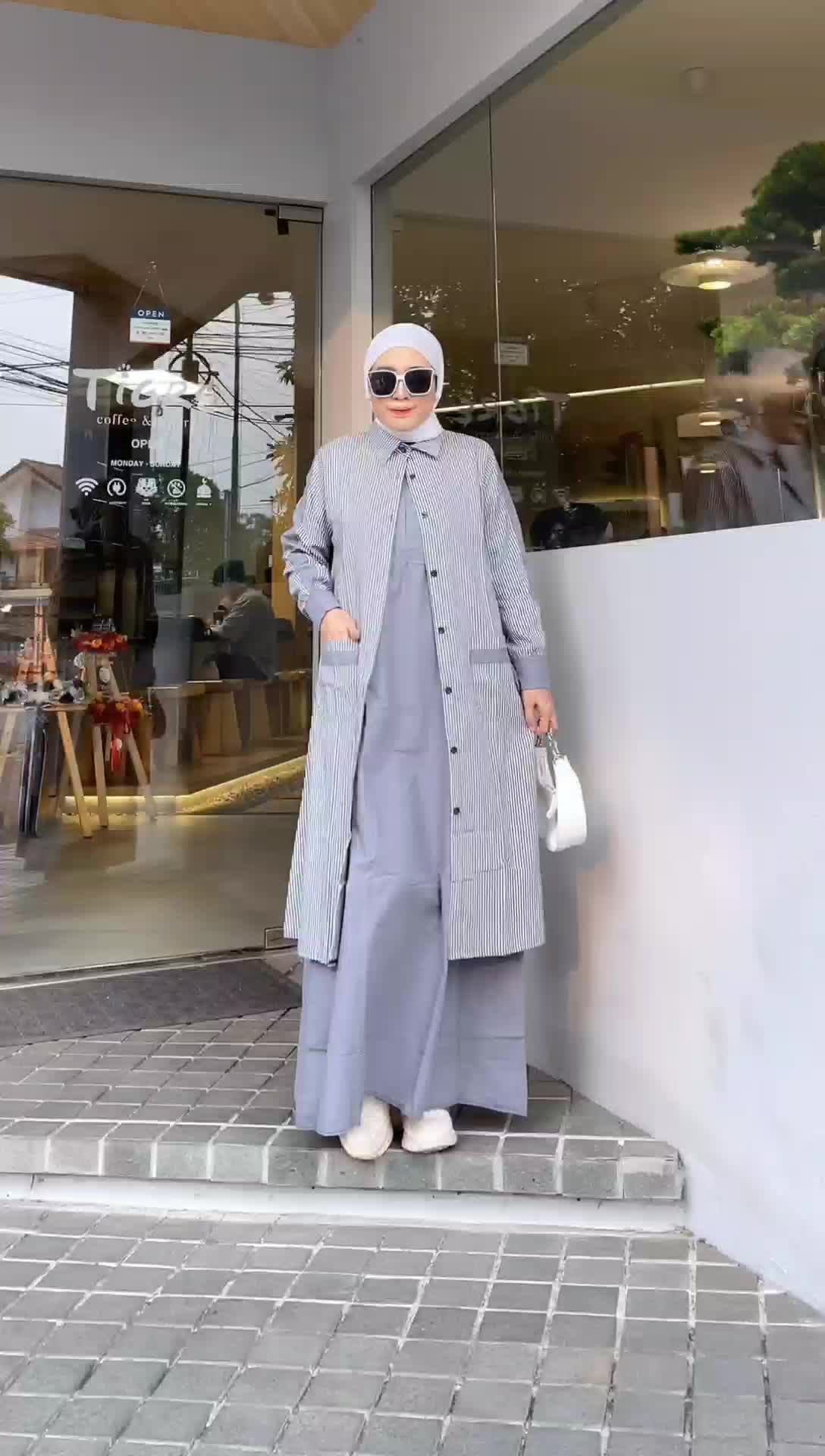 Indah fashion - Set Outer Fauzana Salur Maxi Dress Wanita Kekinian Set Outer Katun Premium Gamis Kondangan Nyaman