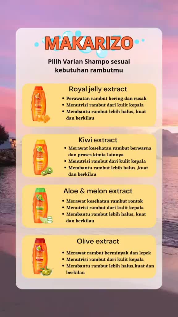MAKARIZO Hair Energy Conditioning Shampoo 9ml X12 (1 RENCENG) Shampo Sampo Rontok Rusak Rambut Rusak Kering Warna Kusam Kiwi Aloe & Melon Olive Royal Jelly