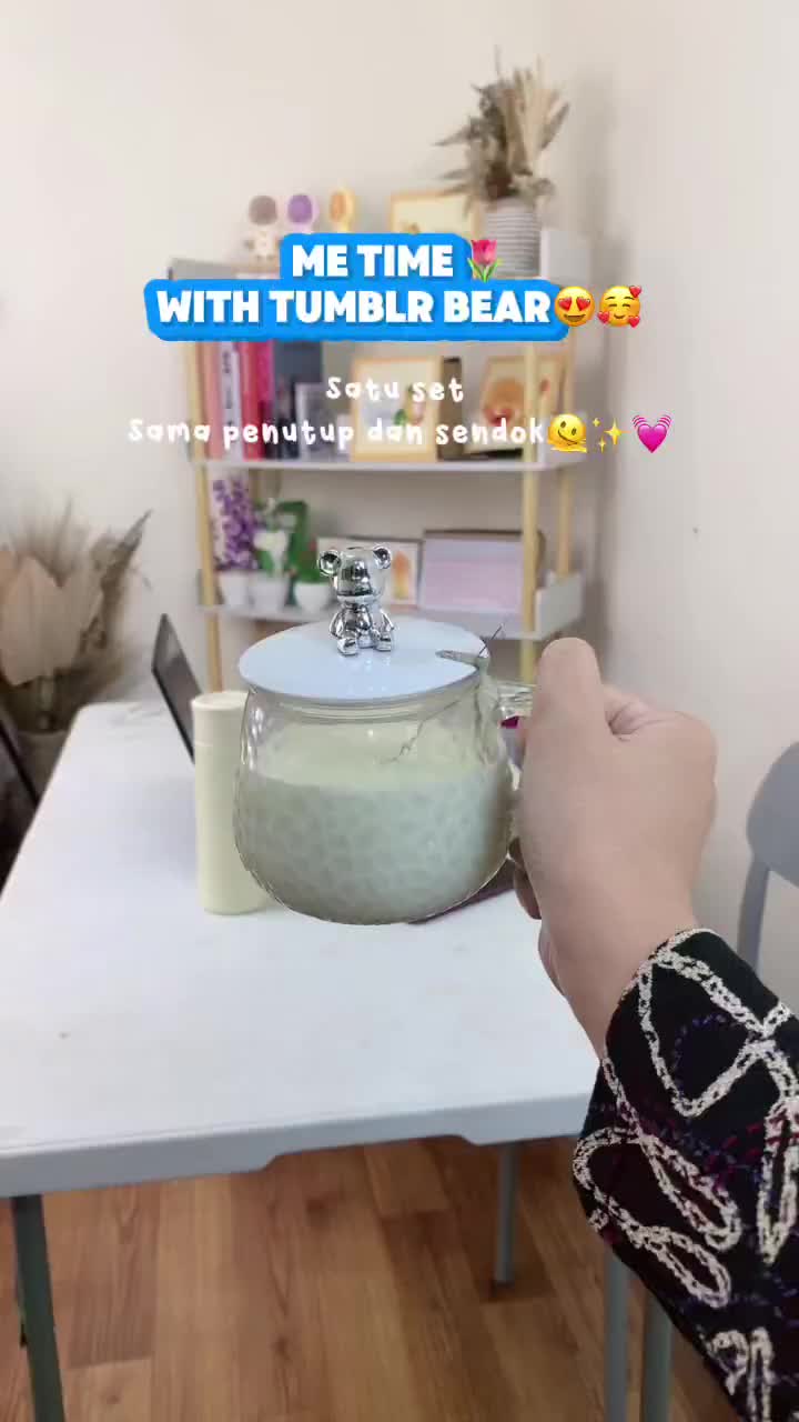Gelas Kaca Tutup Bear Lucu 400 ML Aesthetic Mug Minum dengan Sendok Souvenir Korea Style BPA Free  Multifungsi