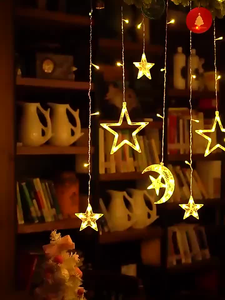 Anbolt 2025 Lampu Ramadhan 4 Meter Lampu Hias Lampu Kelap Kelip Lampu Tirai Bintang Bulan Waterproof Lampu Kamar Aesthetic Lampu Hias Kamar with EU Plug Solar Tembaga Set