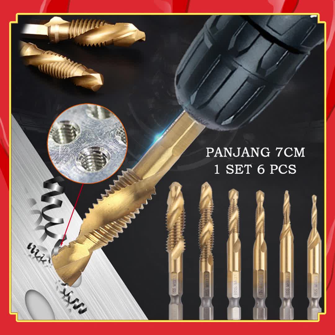 Mata Bor Multifungsi 6 PCS Mata Bor Pembuat Ulir Drat Drill Tap Set M3-M10 Set Hex Twist Spiral Tapper 7cm ( Extra Long )