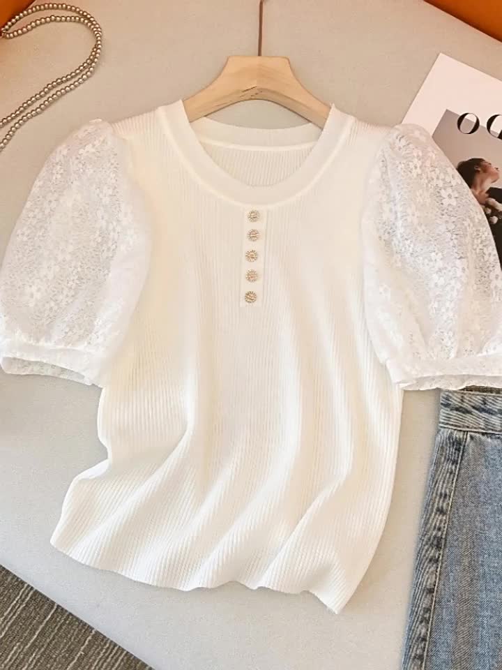 Atasan lengan pendek rajutan mesh puff sleeves Wanita anggun New Desain