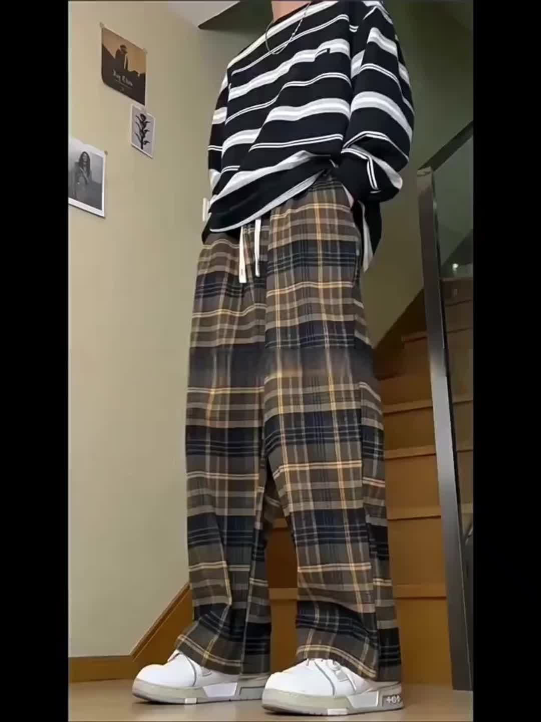 Celana Tartan Unisex Celana Panjang Pria Kotak-kotak Cowok Dewasa Chino Joggers Tartan Pants K650N