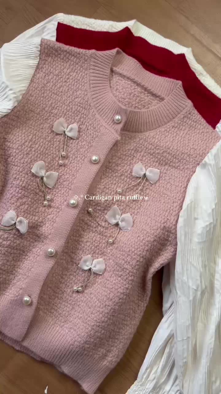 PYOSHOP - Cardigan Knit Pita Ribbon Lengan Ruffle