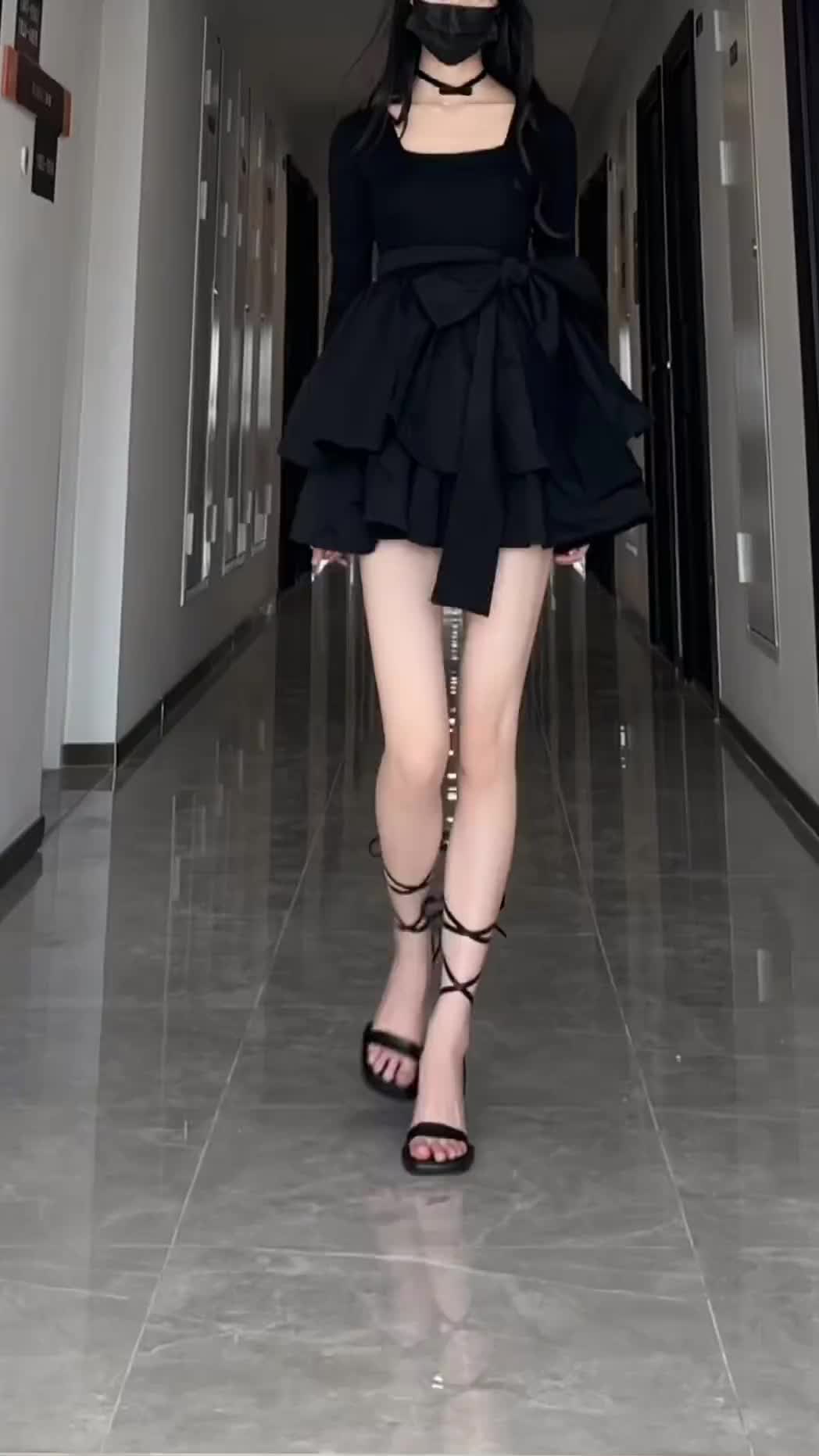 1303 black fitted dress Korean fairy for women mini long sleeve princess dress formal plus size 3XL dress hitam Pendek Wanita
