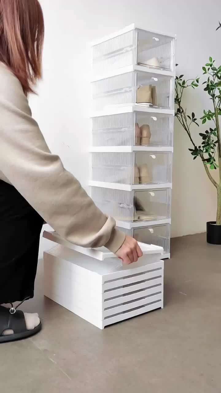 Tidak perlu instalasi Lebih Tebal Dan Kuat Kotak Sepatu Ukuran Ekstra Besar  Shoe Storage Boxes Susun Plastik Lemari Sepatu Rak  kotak sepatu portabel multifungsi dengan Putih keranjang sepatu