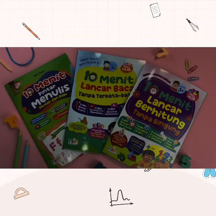 ( 1 Set 3 Buku ) Paket 10 Menit Pintar Calistung - Buku Belajar Membaca Menulis Berhitung Untuk Anak Usia 3 4 5 Tahun TK PAUD SD - Zain