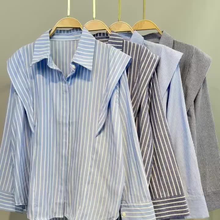 Baju Atasan Wanita Korean Style Salur Terbaru Dewasa Panjang Oversize Casual Kancing Busui Katun Stripe Garis Kerah Nyaman