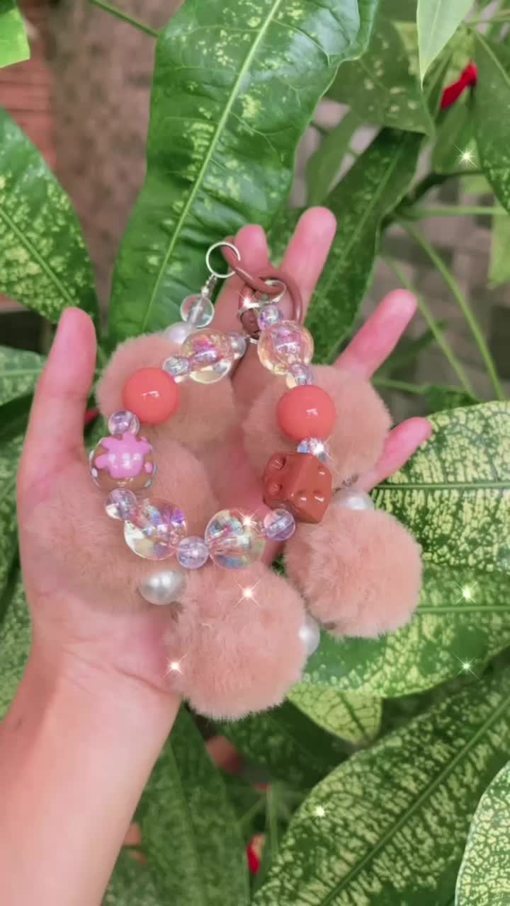 JJ08 Gantungan Phone Strap Lucu Gantungan Manik HP Bulu Pompom Gantungan Kunci dan Bag Charm