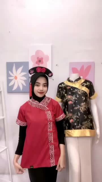 ￼Dayardhi Baju batik merah sanghai batik cheongsam merah polos Wanita Atasan Pendek Katun Dewasa