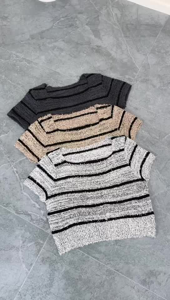 MODAMYTH HT51 - Atasan Stripes Lengan Pendek Atasan Crop Rajut Atasan Kasual Basic Korean Style