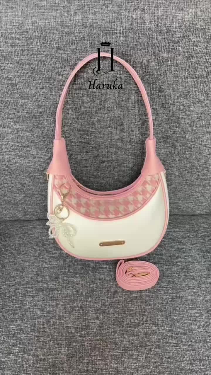Haruka Mikha Shoulderbag Tas Bahu Wanita Hobo Bag Kulit Sintetis Kanvas Houndstooth Gaya Santai Elegan Fleksibel untuk Berbagai Acara