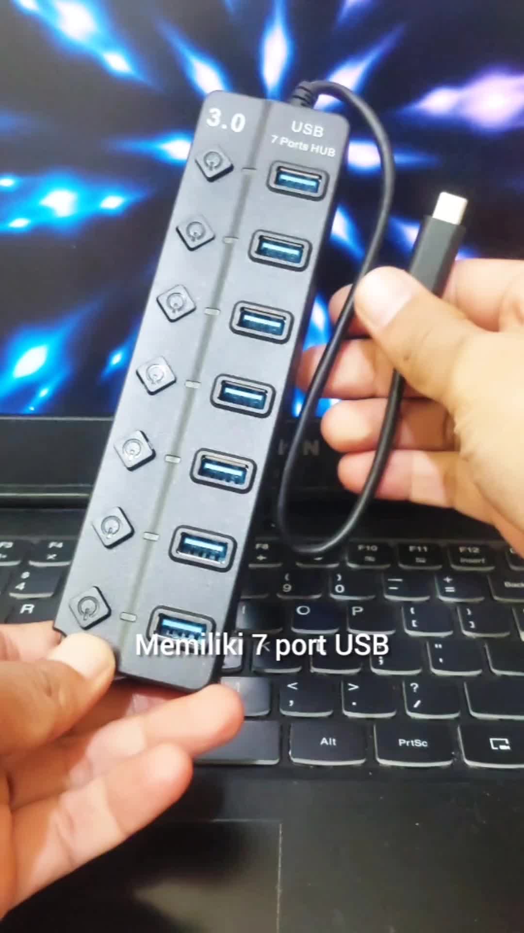 OLYPS USB Hub Typc C 3.0 Multi Port 7 in 1/4 in 1 Adaptor High Speed untuk PC Laptop, 30cm Hitam Computer Kabel adaptor