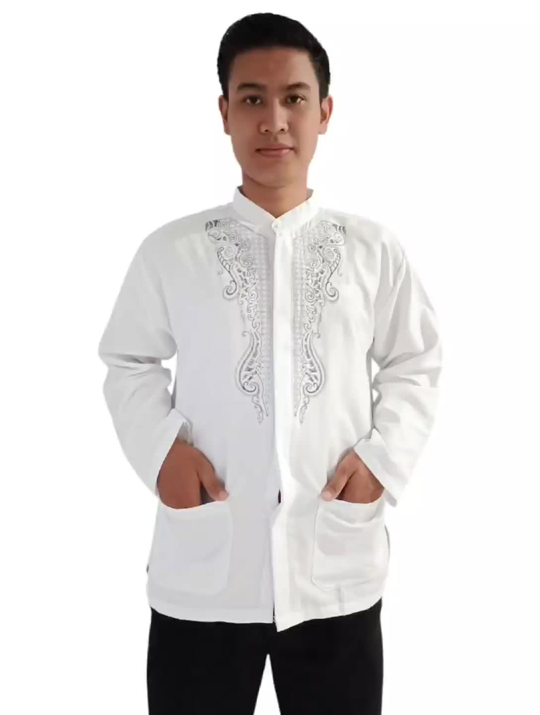 Baju Koko Pria Muslim dewasa Putih Polos Motif Bordir Lengan Panjang  Katun