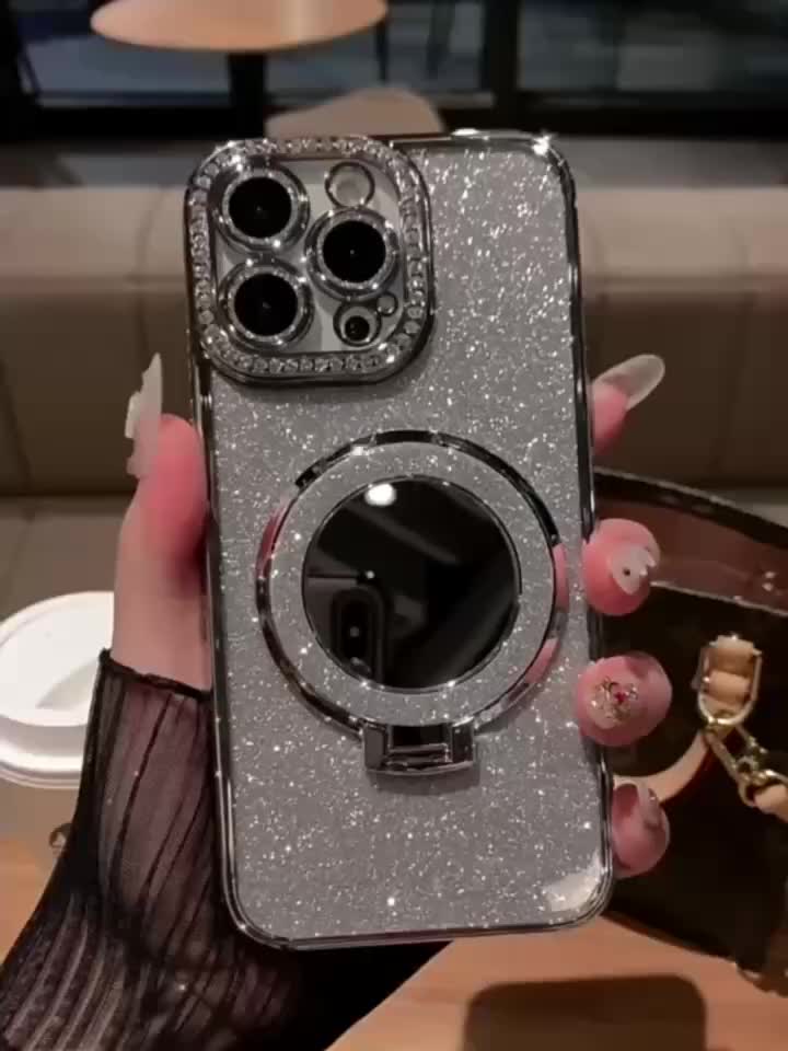 Luxury glitter Flash Diamond Mirror Stand Casing iphone 11 12 13 14 15 Pro Max 15 plus Shockproof Bumper Kamera Protector Lembut Silicone Case iPhone