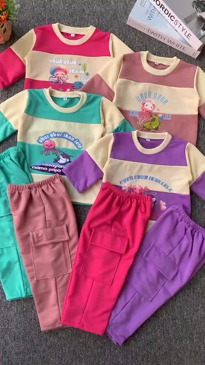 Baju Setelan Viral Anak Perempuan Ubur Ubur Ikan Lele  2 Tahun-8 Tahun Bahan Baby Terry one set Parsel Cewek