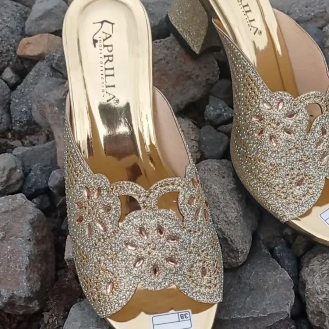 Aprilia sandal heels pesta wanita terbaru hak 5cm/sendal payet pengantin wanita gold silver/sendal selop slip on wanita pesta hak tahu 5cm/sendal Payet weeding shoes/sandal pesta anti licin bisa cod