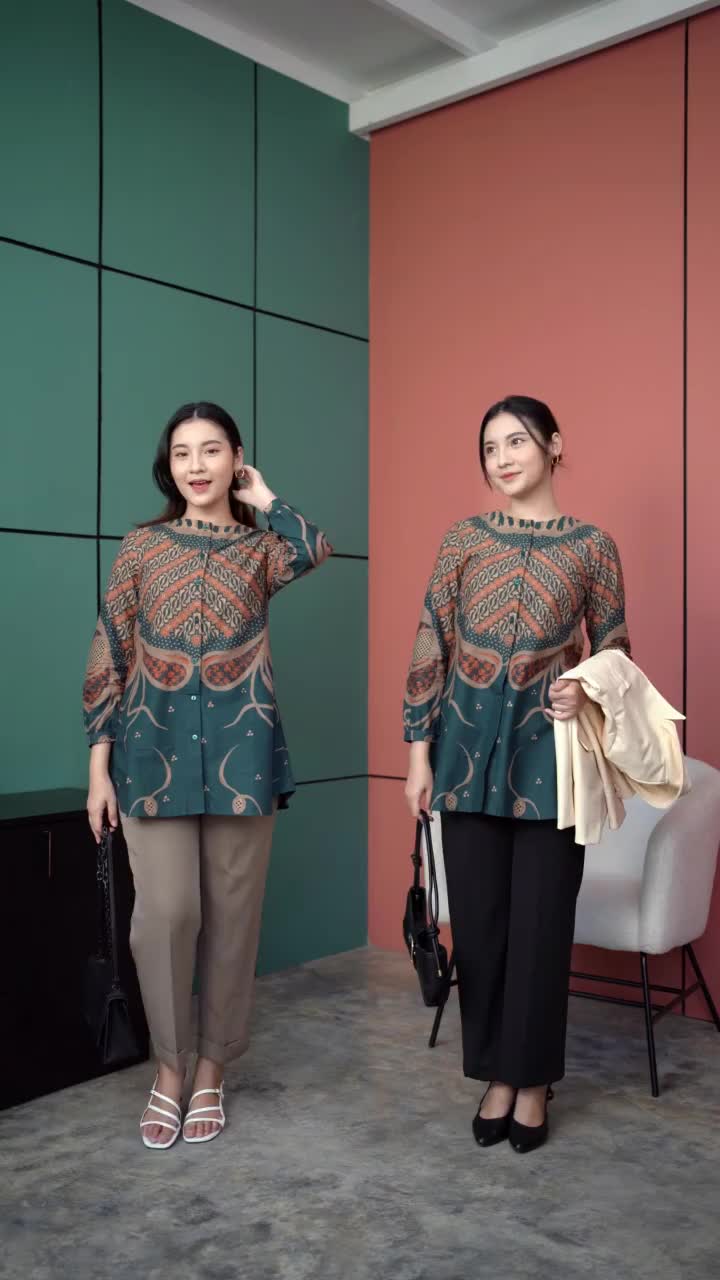 Anggun Atasan Wanita Blouse Batik Kerja Modern Kekinian Kancing Depan Busui Friendly Katun Lengan Panjang