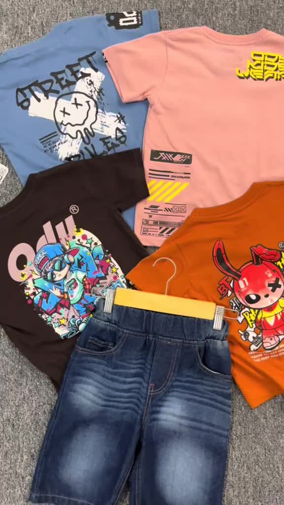 Setelan Anak Laki-Laki Fashion Trendy Baju Sablon Depan Belakang & Celana Jeans Pendek Slim Pakaian