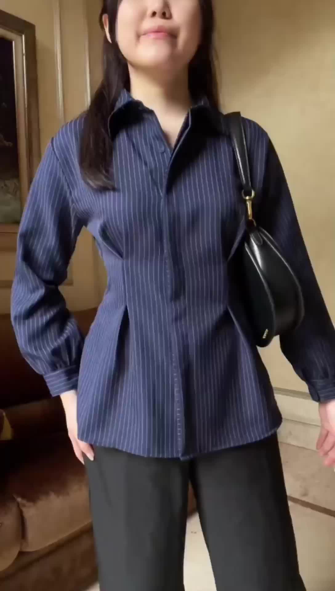 ARBA TOP  Kemeja Fitted Kemeja Kerja Wanita Blus Garis-Garis Lengan Panjang Motif