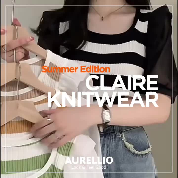 [CLAIRE] Kaos Atasan Rajut Wanita Knitwear Kasual U-Neck Lengan Pendek Puffy Sleeve Model Stripe Belang