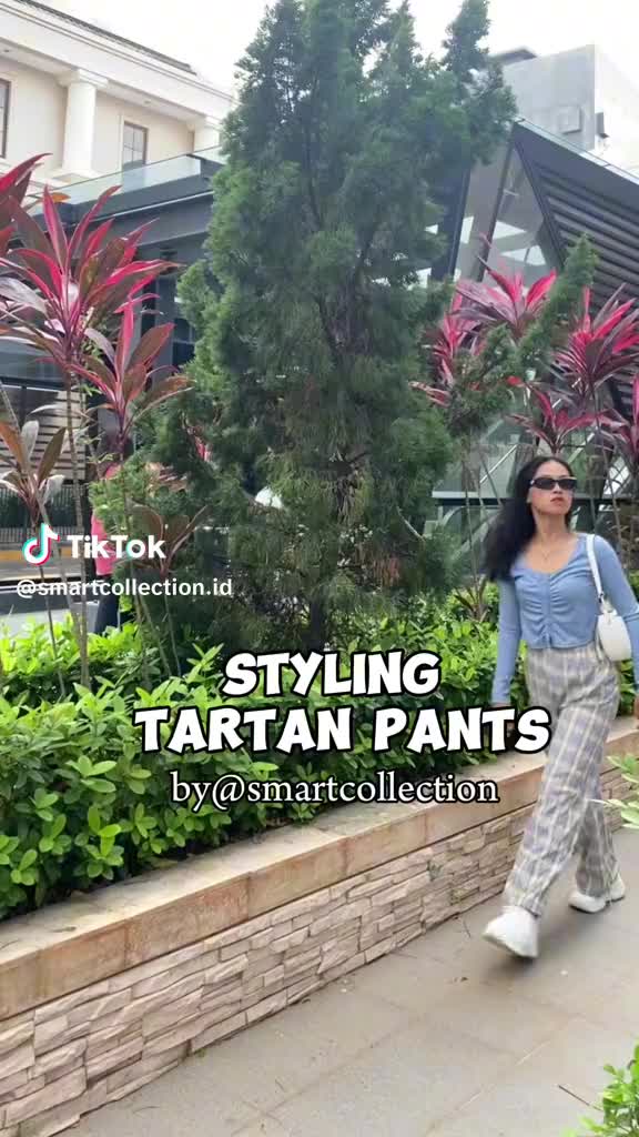 Smartcollection - CPG1305 Celana Panjang Kulot Katun Linen  Highwaist Wanita Motif Kotak Tartan Casual Long Pants Korean Fashion Dewasa Bawahan