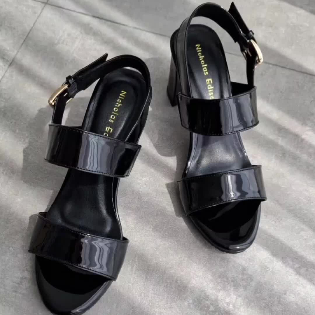 Nicholas Edison Heel Aleena Black Sandal Block Heels Glossy