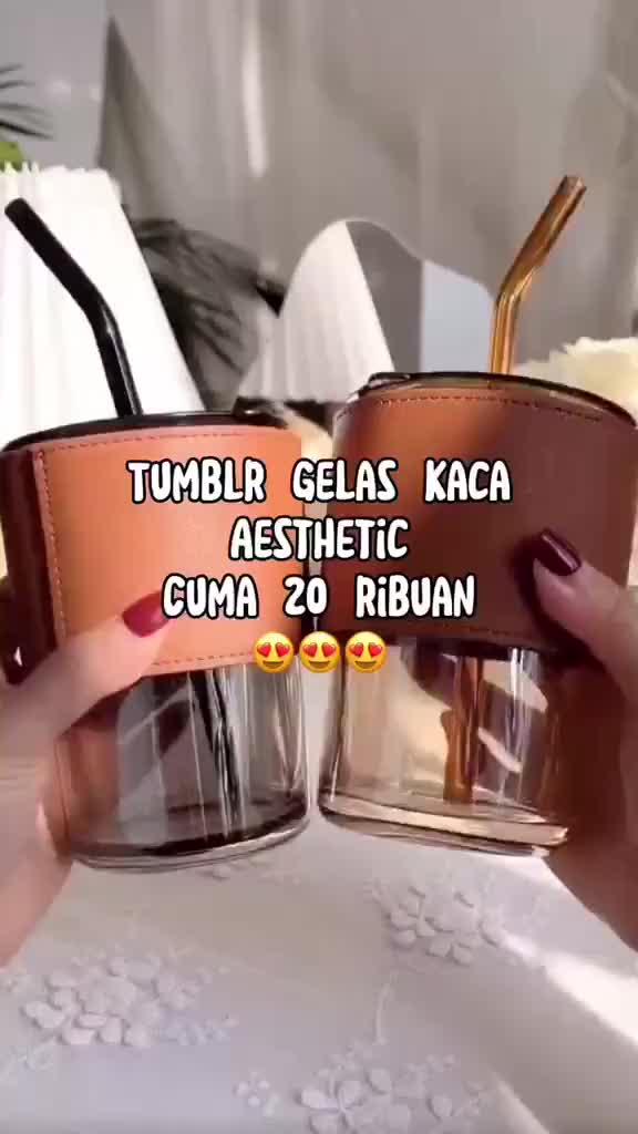Gelas Kaca Tumbler 400 ML Aesthetic Leather Case Gelas Souvenir Anti Tumpah Cocok Minuman Dingin & Hangat Free Sedotan
