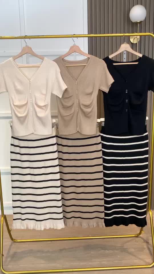 Jesi Drapery Short Sleeve Top n Striped Skirt Knit Set SET7482