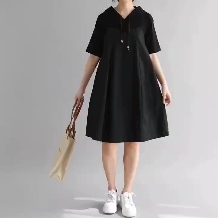 pakaian wanita tren kekinian korean style japanis style A-line 3/4 dress hoodie Gaun Casual Panjang Polyester toyobo