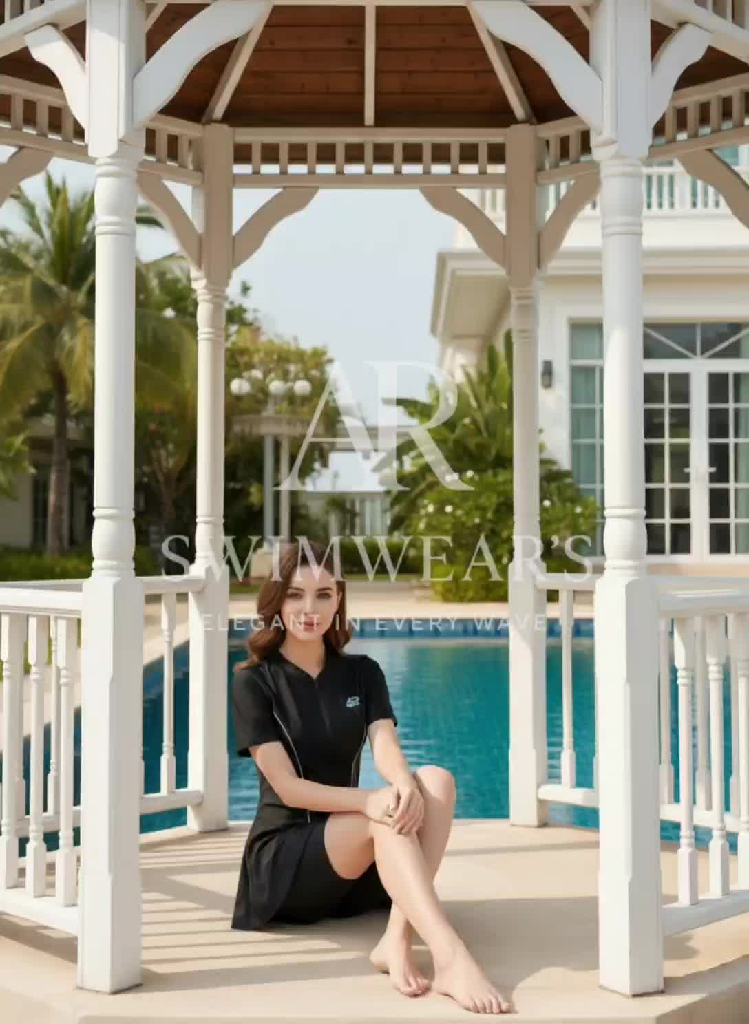 ARswimwear Baju Renang DIVING ROK Tangan Pendek & Cup BH Lapisan Polos untuk Dewasa DVRD-02 Terbaru Elegan dengan Garis Putih Mewah Muslim Wanita Bahan Spandex Asli Resleting Depan - Panjang