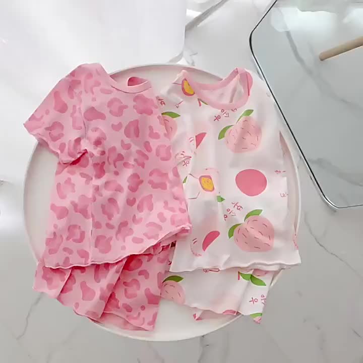 BOBOHO - Setelan Anak Perempuan Sutra Es Musim Panas / Baju Setelan Anak Perempuan Motif / Baju Rumah Lengan Pendek Modis Musim Panas Fashion