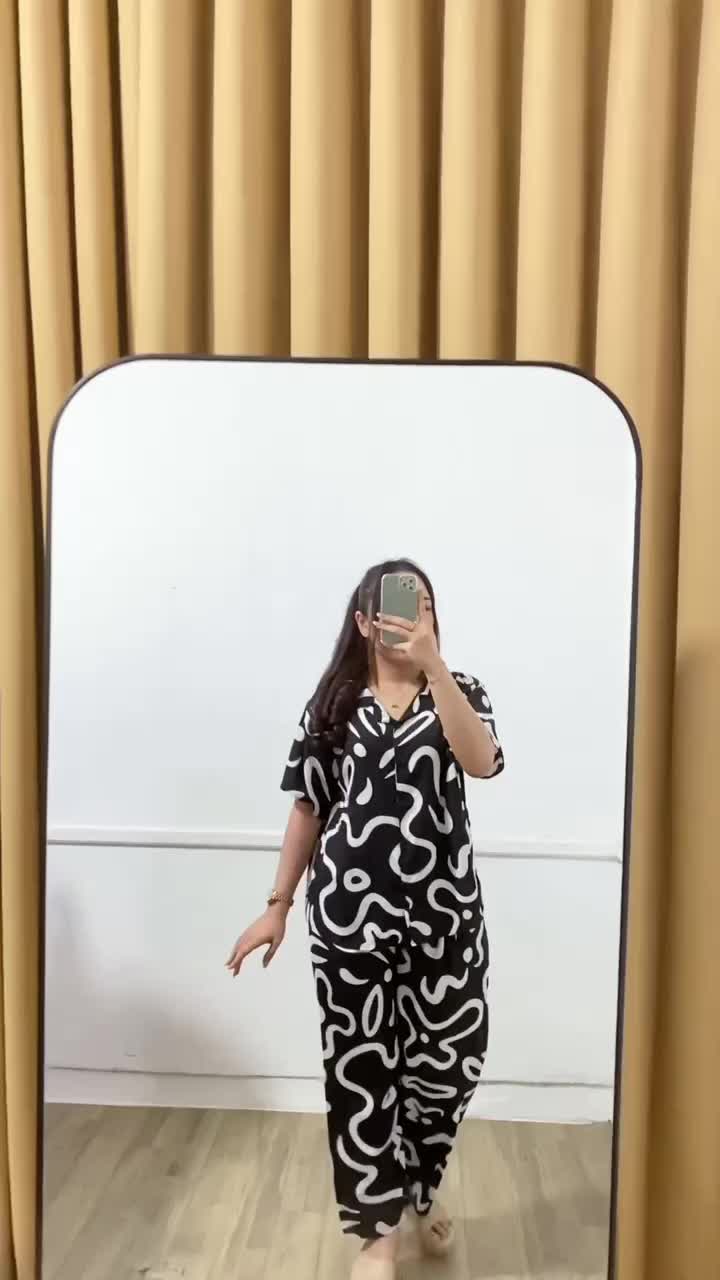 Setelan Wanita Celana Panjang Ld 115cm Baju Lengan Pendek Berkerah Berkancing Depan Busui Able Bahan Lembut Katun Dewasa Nyaman
