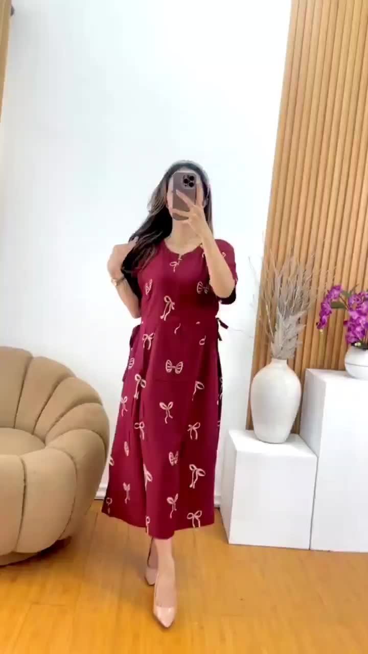 Daster Wanita Terbaru Bahan Rayon Busui Resliting Depan LD 110/Daster Lengan Pendek/Baju Tidur Wanita Kekinian Bumil Nyaman Kain Batik Tebal resleting depan Dress Panjang Motif Pita