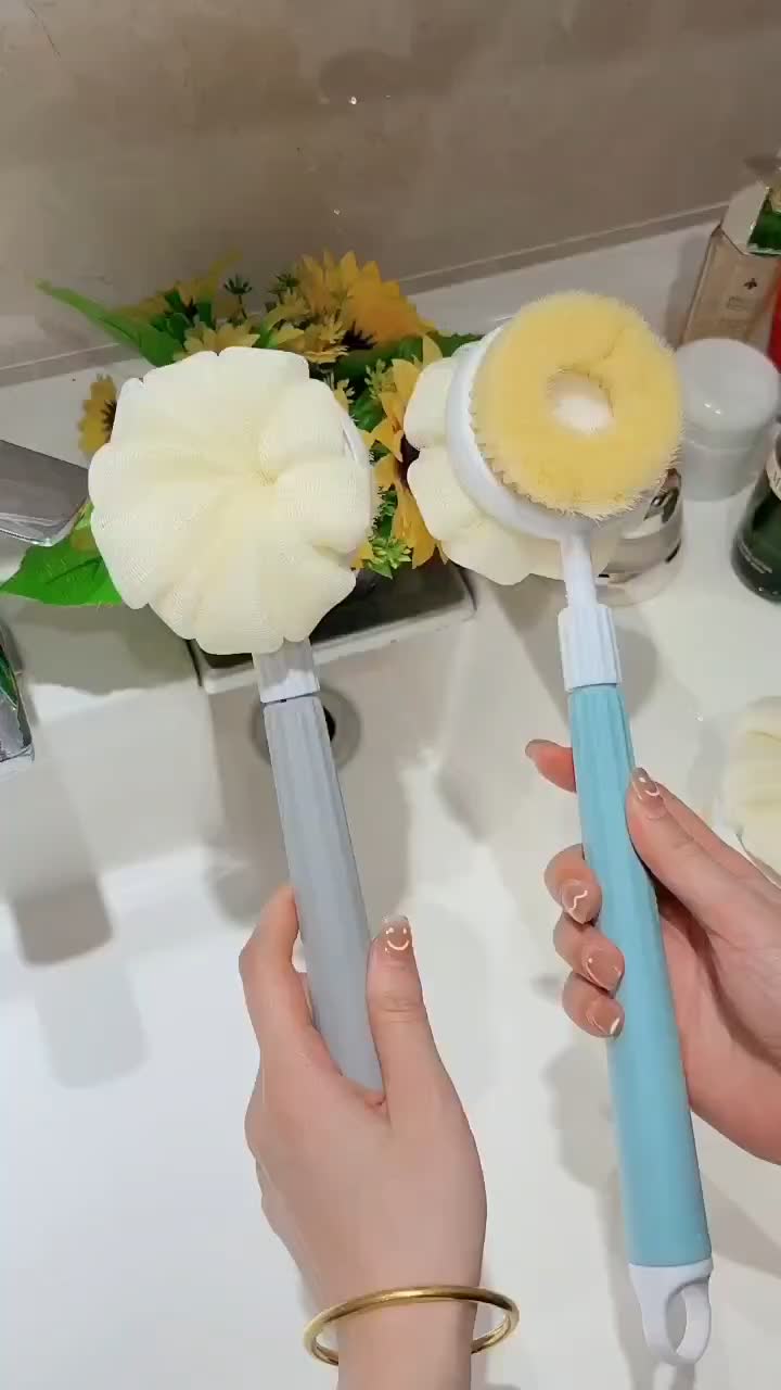 Sikat Gosok Punggung Tarik 2 In 1 Gagang Panjang Plastik Shower Puff Eksfoliasi Scrub Badan Spons Bulu Halus